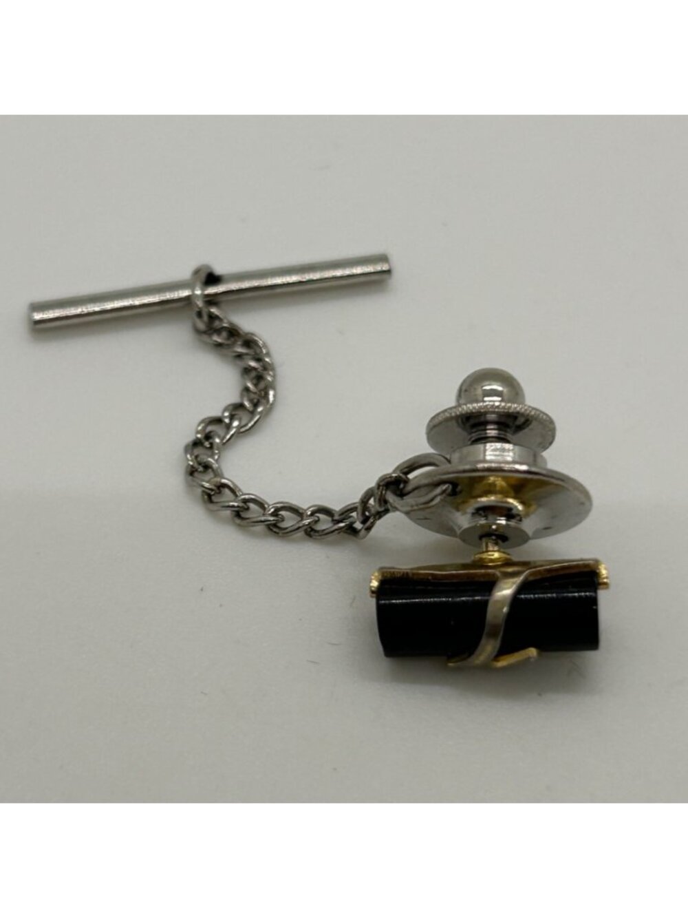 Vintage Anson Black Acrylic Abstract Wrap Mens Tie Tack Chain Original Box READ - Picture 3 of 8